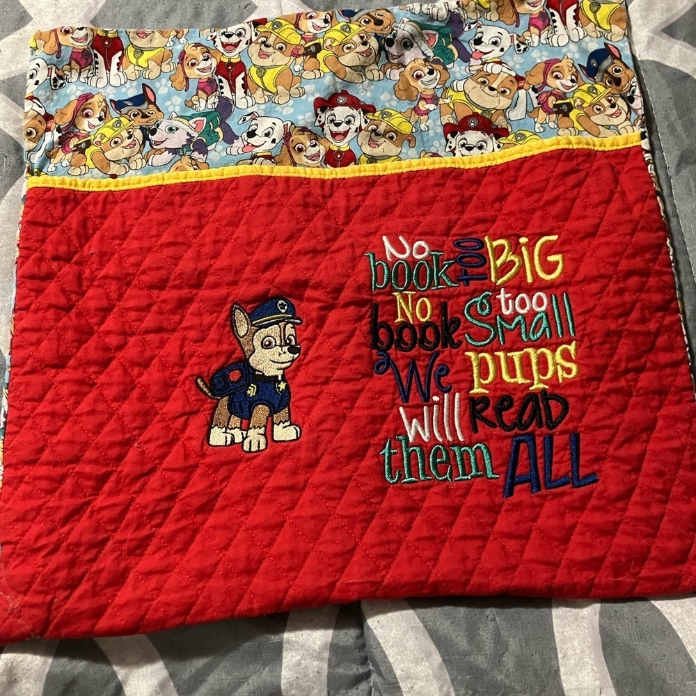 Red Quilted Reading Pillow Cover with Colorful Embroidery